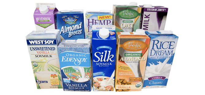 Picture of 10 different types of plant-based milk options in a tetra pack
