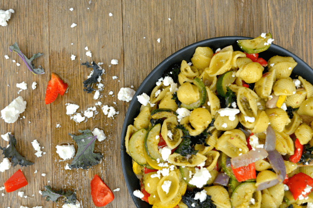Pesto Pasta with Roasted Vegetables and Feta cheese