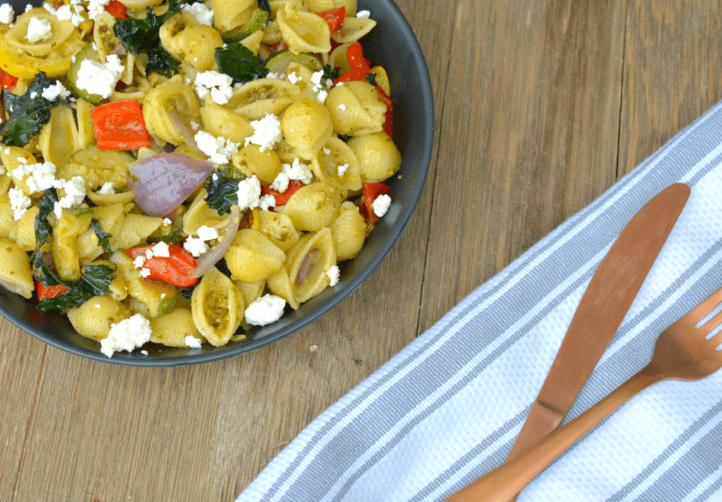Pesto Pasta with Colorful roasted vegetables and feta cheese