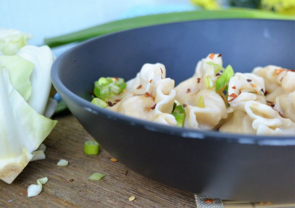 low phosphorus dumpling with low sodium dipping sauce with red pepper and onion garnish