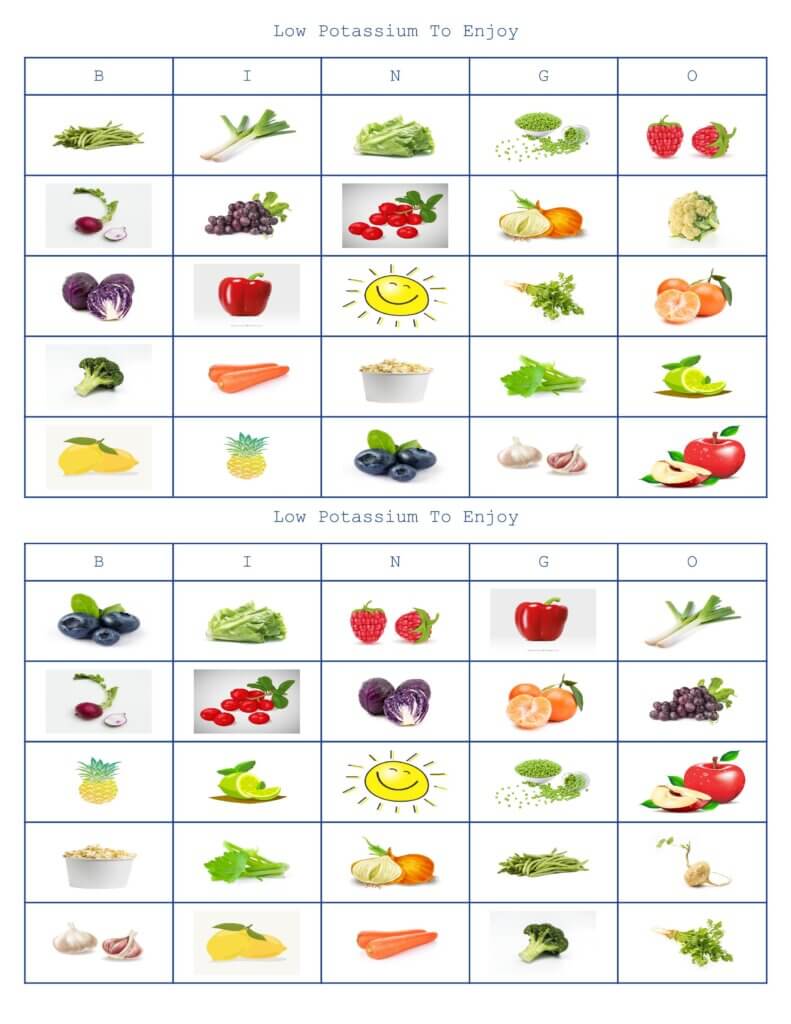 sample of low potassium bingo cards for dialysis unit