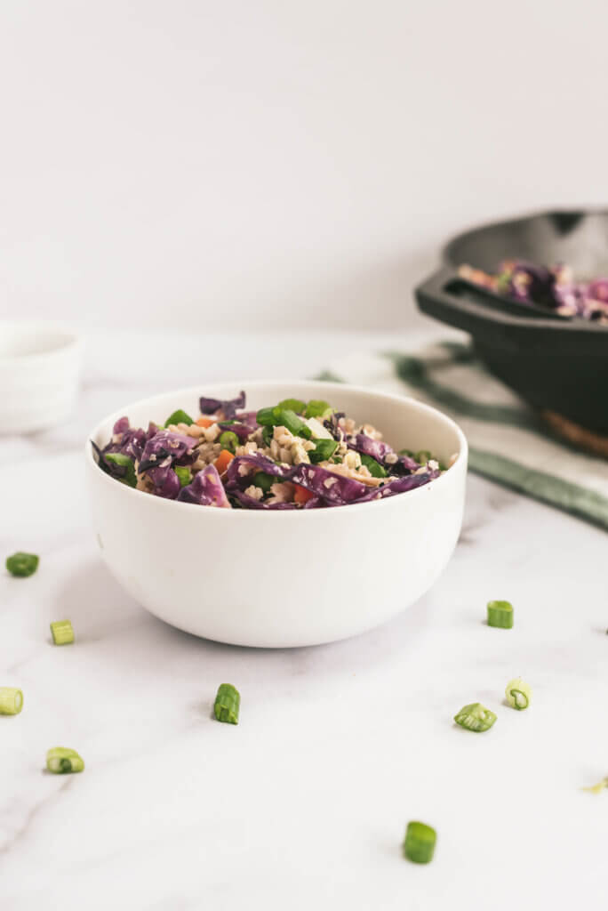 cauliflower rice with skillet in background