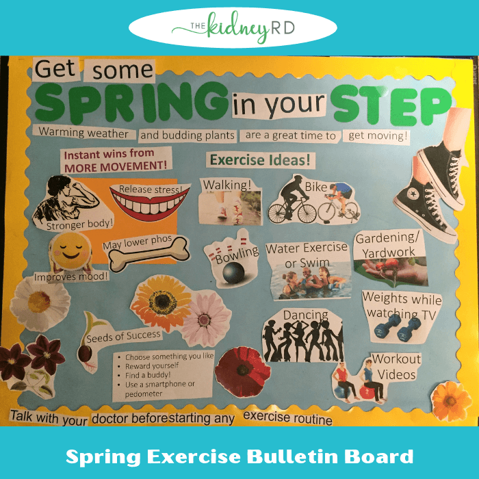 spring exercise bulletin board on pale blue background with yellow border