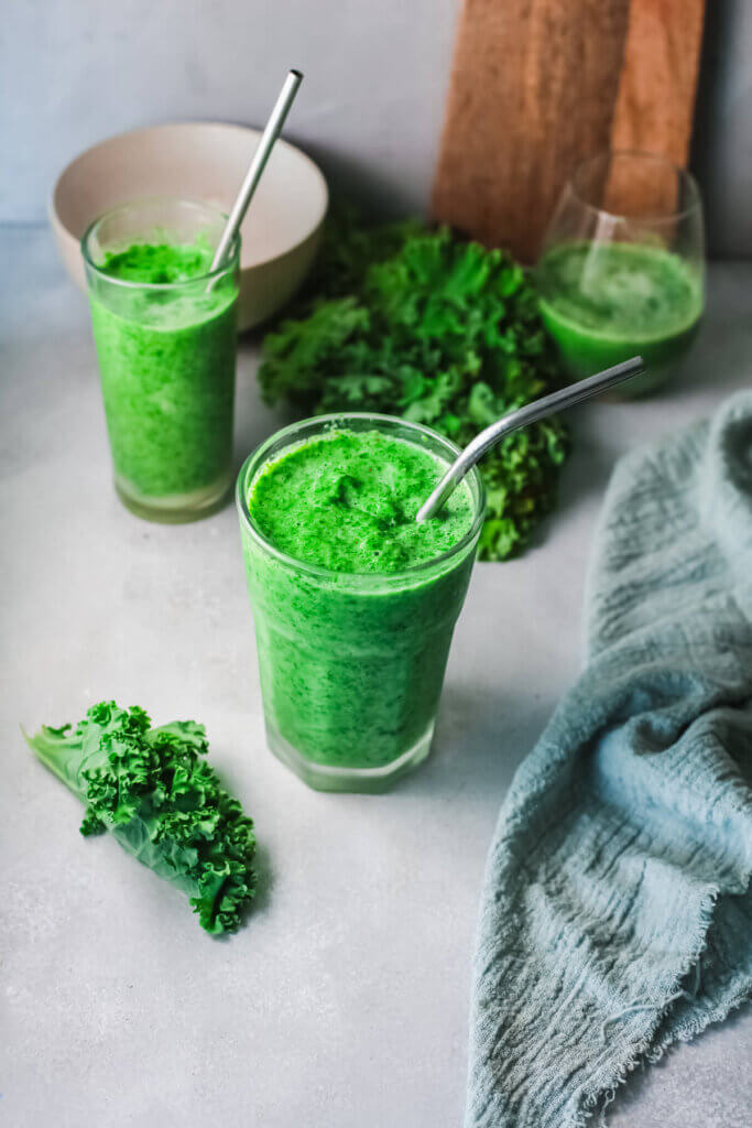 Top view green power smoothie with kale and dish towel-CKD