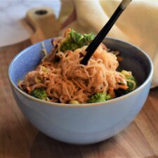 Shirtaki Noodle Sun Butter Stir Fry Side View With Chops Sticks