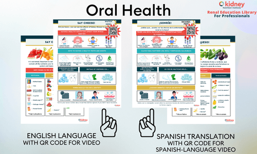 Two handouts for kidney dialysis patients about oral health and foods that help keep gums and teeth healthy and decrease inflammation.