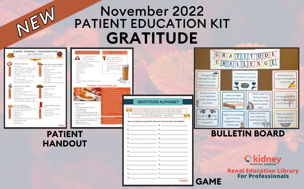gratitude handout, bulletin board download and game for dialysis clinic