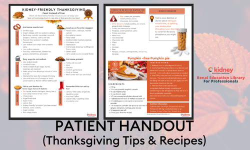 Handout with tips for kidney nutrition and Thanksgiving recipes for kidney renal diet.