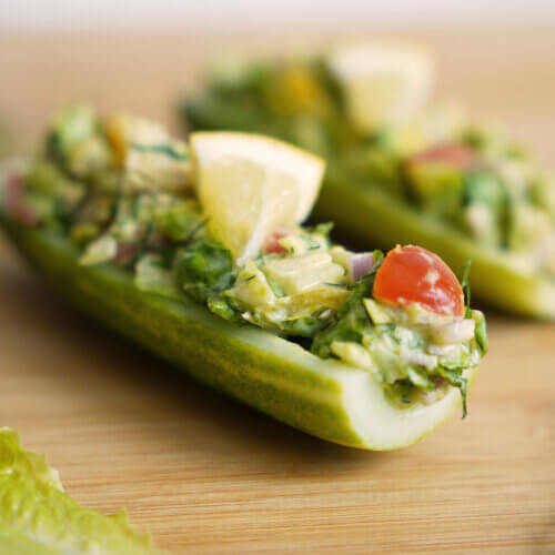 Tuna Salad Cucumber Boats closeup