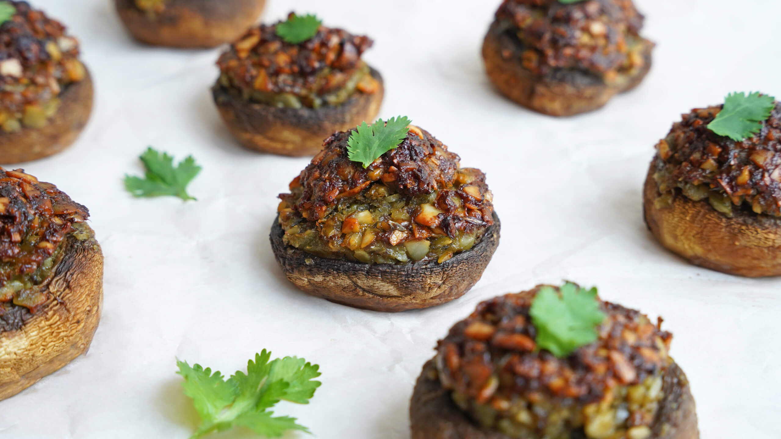 Easy Vegan Stuffed Mushrooms in rows