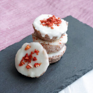 Strawberry Coconut No Bake Energy Bites Stacked
