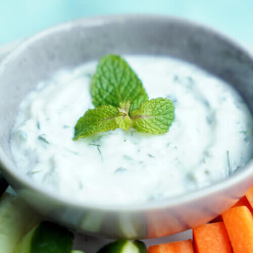 cucumber yogurt dip closeup 45 angle