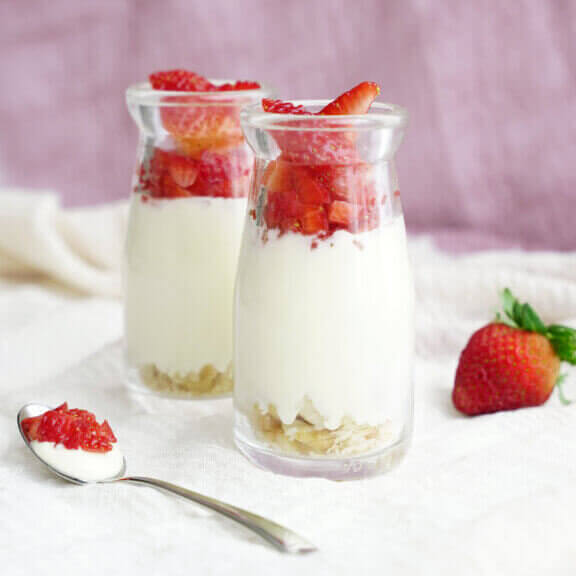 No Bake Cheesecake Cups with Macadamia Base and Strawberry Topping