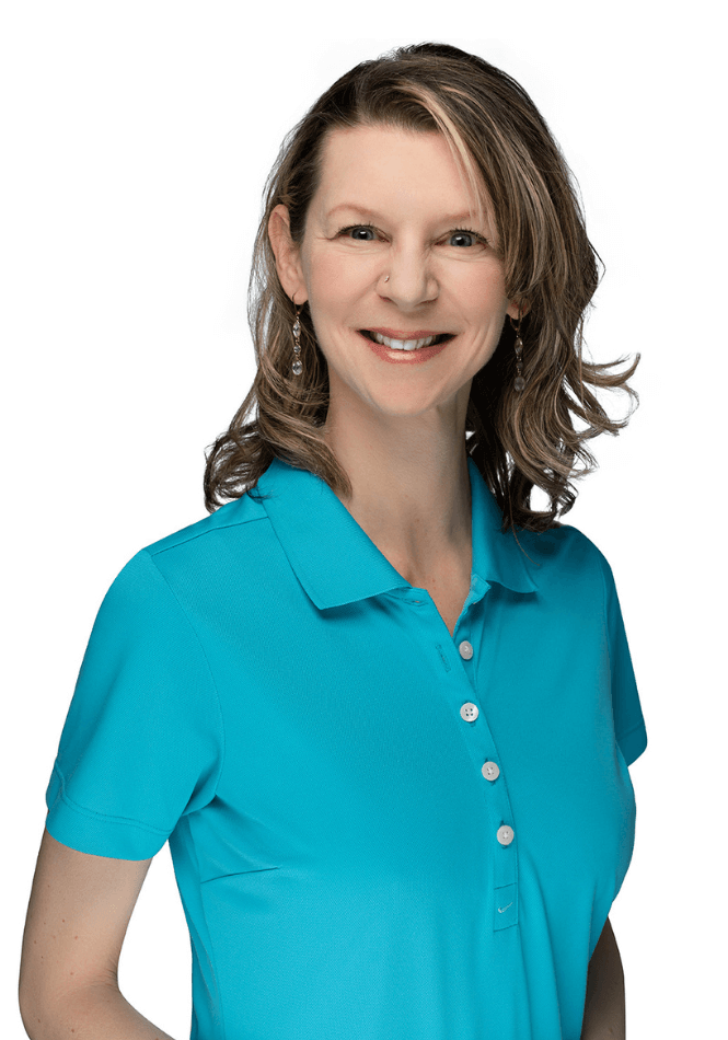 white woman wearing a blue shirt